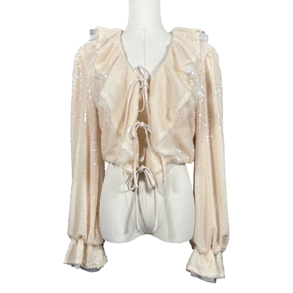 En Saison Sequined Ruffle Tie Front Crop Top Balloon Sleeve Cream Jacket Medium